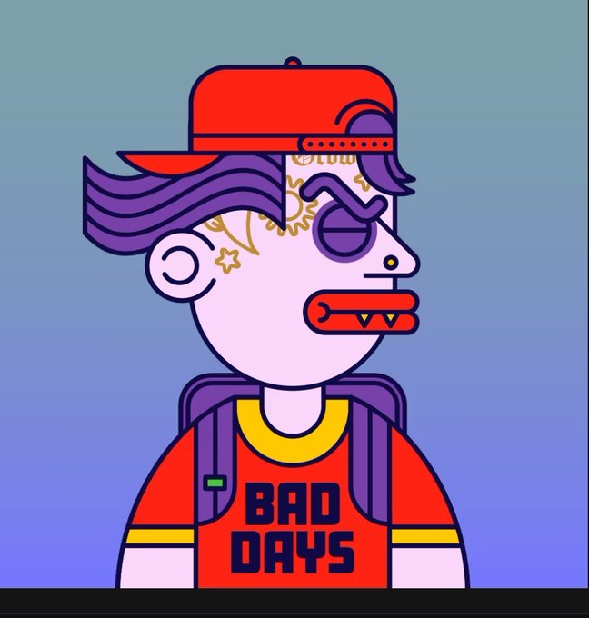 A colorful cartoon character with purple hair, a red backwards cap, one purple eye, fangs, and a 'BAD DAYS' t-shirt against a blue background.