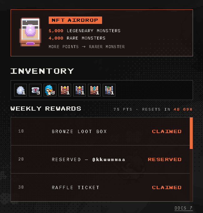 A digital interface showing an NFT airdrop inventory with legendary and rare monsters, weekly rewards including a bronze loot box and raffle ticket for user @kkuummaa.