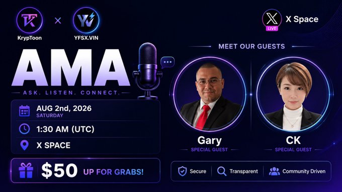 The image is a promotional graphic for an AMA event hosted by KrypToon with YFSX.VIN on August 2nd, 2026 at 1:30 AM (UTC) on X Space, featuring special guests Gary and CK, and offering $50 in prizes. The bold "AMA" text and microphone icon emphasize the interactive "Ask, Listen, Connect" format highlighted in the accompanying invitation post.