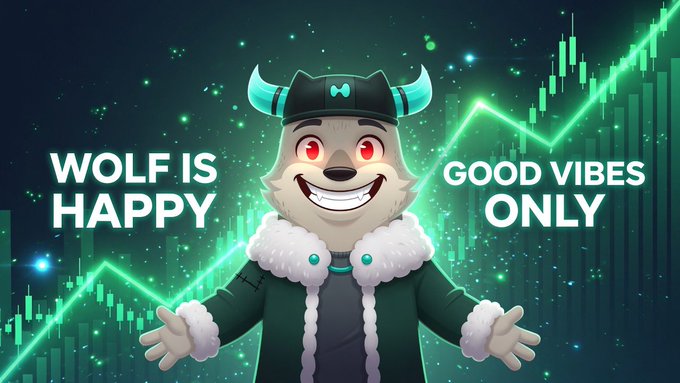 An illustration of a horned cartoon wolf character wearing a cap and fur-trimmed coat with arms outstretched, captioned "WOLF IS HAPPY" and "GOOD VIBES ONLY" against a green candlestick chart background.