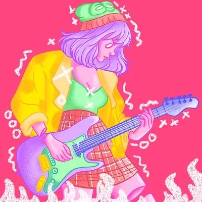 A vibrant digital artwork shows a girl with purple hair wearing a green beanie and yellow jacket playing an electric guitar on a bright pink background.