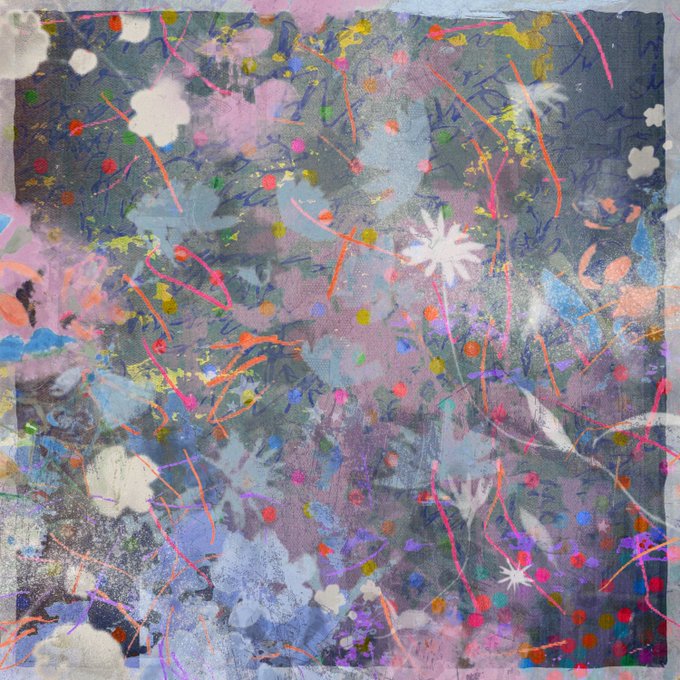 An abstract painting with vibrant splashes of pink, blue, orange, and yellow with floral motifs over a gray background.