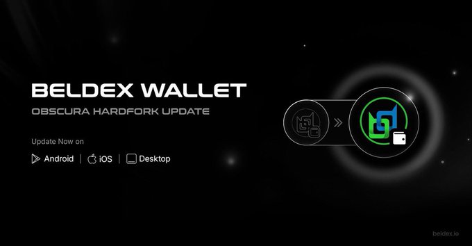 A promotional banner for 'BELDEX WALLET OBSCURA HARDFORK UPDATE' announcing availability on Android, iOS, and Desktop with the beldex.io logo.