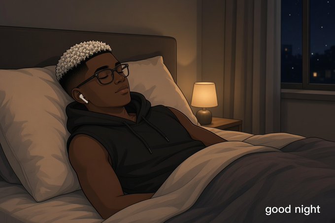 An animated illustration of a young man with blonde curly hair and glasses sleeping peacefully in bed wearing wireless earbuds, with a warm bedside lamp glowing nearby and the text 'good night' in the bottom right corner.