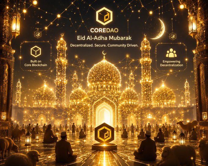The image features a large mosque with golden domes, surrounded by people sitting around it. The caption of the image reads "Eid Mubarak Coretoshis! This Eid feels extra special celebrating with the strongest community in Web3. May Allah accept our efforts, multiply our blessings, and take CORE to new heights." The image is related to a post about CoreDAO, as indicated by the text at the bottom of the image.