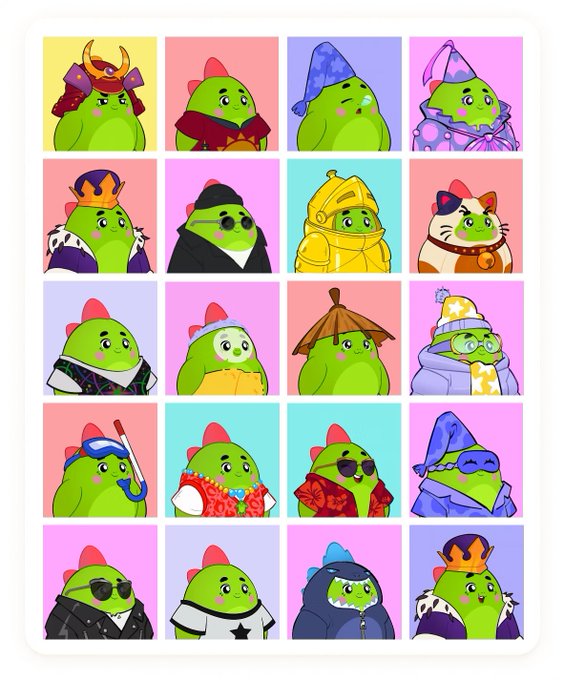 A colorful sticker sheet features multiple cute green blob-like characters dressed in various costumes including a samurai, wizard, king, knight, and cat.