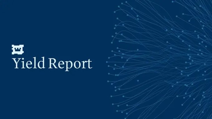 The image features a blue banner with white text that reads "Yield Report" at the top of the screen. Below this, there are several lines of text discussing various aspects related to yield reports, such as CRV emissions, return on incentives, pools, and more. The overall layout is simple yet informative, providing an overview of what a yield report entails in a visually appealing manner.