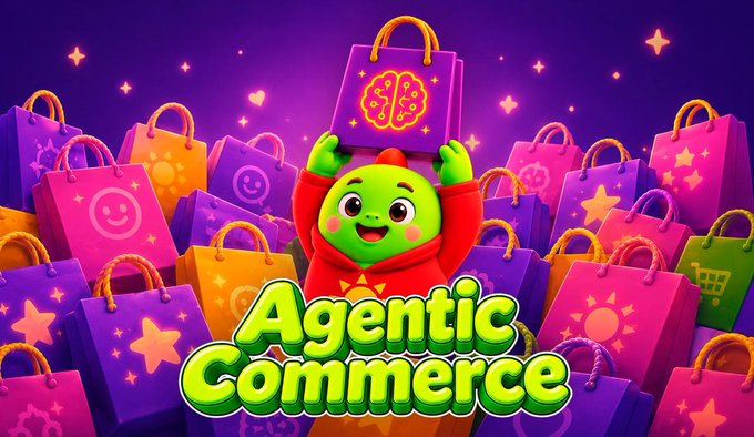 A vibrant, cartoon-style illustration for "Agentic Commerce" featuring a cheerful green character in a red hoodie holding a purple shopping bag with a dollar sign, surrounded by colorful shopping bags with smiley faces and icons.