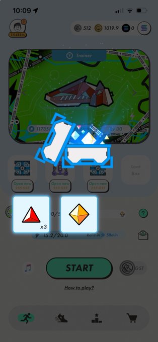 A mobile game interface showing a map with buildings, two highlighted diamond/treasure icons, and a 'START' button with Turkish text 'Refle al 3h 30min'.
