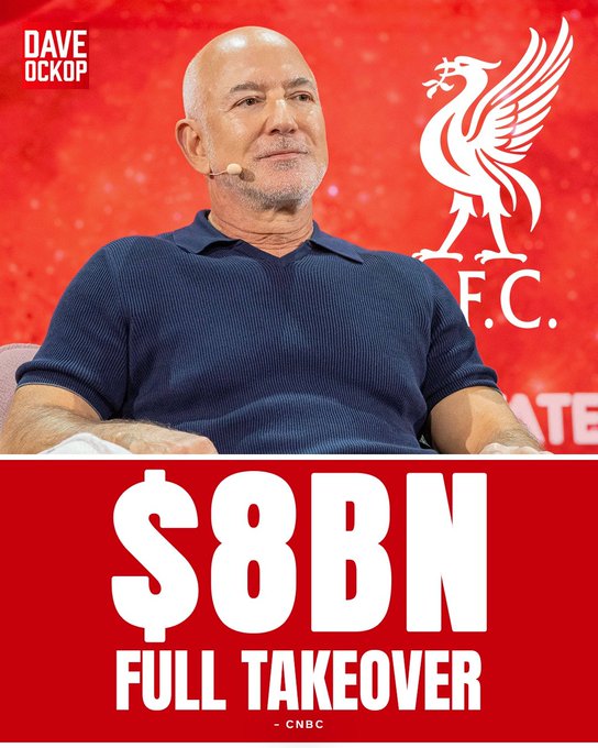 An image of a bald man in a navy blue polo shirt at what appears to be a Liverpool F.C. event, with text overlay reading "DAVE OCKOP" and "$8BN FULL TAKEOVER - CNBC" against a red Liverpool F.C. branded background.