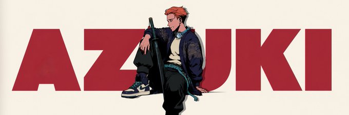 An anime-style character with red hair, wearing a black jacket, yellow shirt, and high-top sneakers sits leaning against large red letters spelling 'AZZUKI'.