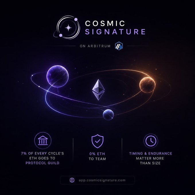The image is a poster promoting Cosmic Signature on Arbitrum as a new crypto-arbitration system that uses gravity simulations for generating visuals instead of traditional machine learning or artificial intelligence approaches. The poster features two planets, one blue and one orange, surrounded by stars and labeled "Ethereum". The text on the poster states that this system is different from most on-chain art protocols as it uses deterministic three-body gravity simulations to generate the visuals, making it more reliable than traditional methods, and mentions an NFT system with the website address.