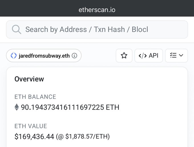 The image shows an Etherscan.io page for the ENS name "jaredfromsubway.eth," displaying an ETH balance of approximately 90.194 ETH (~$169,436.44). The post attempts to associate this address with a supposed "$50k massive Giveaway" to lure users, but the image itself merely shows the wallet's on-chain holdings and does not endorse or verify any giveaway.