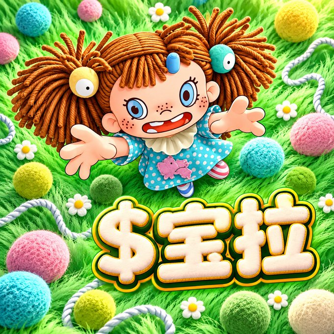 A cartoon girl with yarn-like pigtails and large eyes reaches forward joyfully on a green grass background with colorful pom-poms. Text reads '$宝拉'.