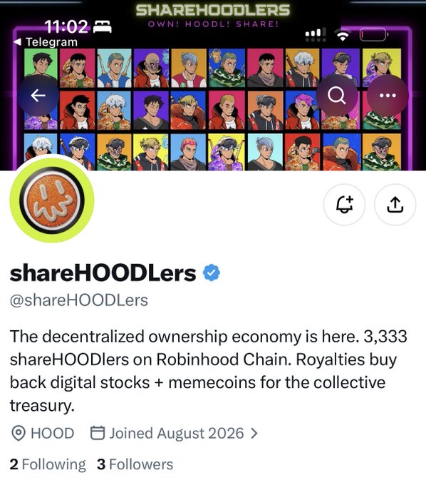 Twitter/X profile for 'shareHOODLers' (@shareHOODLers) with banner art reading 'SHAREHOODLERS - OWN! HOODL! SHARE!', describing a decentralized ownership economy on Robinhood Chain.