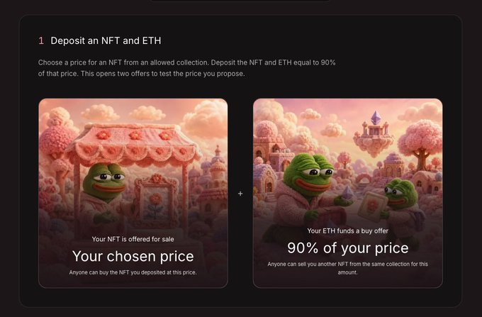 A digital interface explaining how to 'Deposit an NFT and ETH,' showing two illustrations of Pepe the Frog characters with text describing a chosen price and 90% of the price.