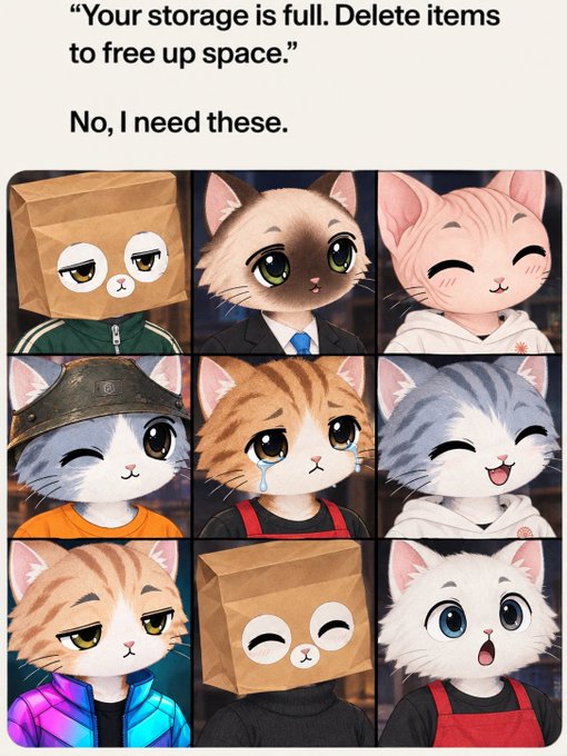 A meme with the text 'Your storage is full. Delete items to free up space.' and 'No, I need these.' above a 3x3 grid of nine cute cartoon cats in various outfits, including two with paper bags over their heads.