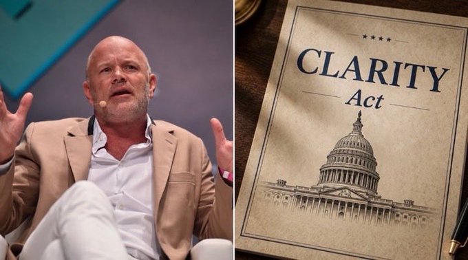 Billionaire Mike Novogratz speaks at an event (left) alongside a "CLARITY Act" document featuring the U.S. Capitol (right), illustrating his prediction that the legislation will pass before Congress's August recess.