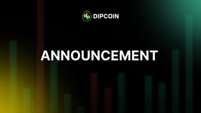 A dark green graphic featuring the 'DIPCOIN' logo and the word 'ANNOUNCEMENT' in white text over colorful vertical bars.
