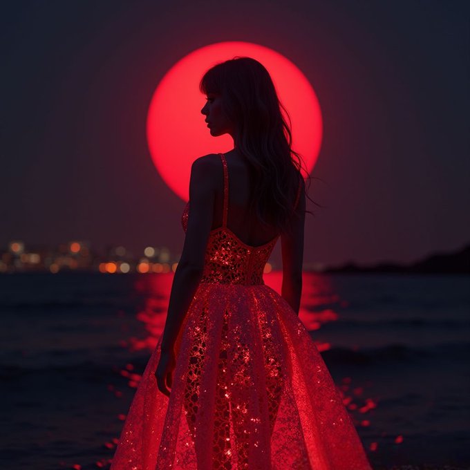 A silhouetted woman in an ornate red dress stands before a large red moon over a body of water with city lights in the distance.