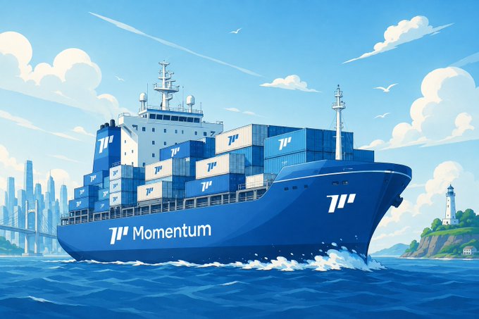 A large blue cargo ship labeled "Momentum" sails boldly through choppy waters with shipping containers stacked on its deck, set against a vibrant coastal scene featuring a city skyline and lighthouse. The image reinforces the post's message of resilience and forward progress, symbolizing the company's determination to push ahead regardless of challenging conditions.
