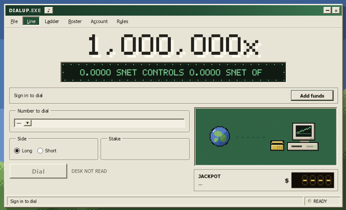 A screenshot of a "DIALUP.EXE" trading application window displaying a dialer tool with fields for "Number to dial," "Side" (Long/Short), and "Stake," alongside a large "1.000.000%" display and a status bar reading "0.0000 $NET CONTROLS 0.0000 $NET OF." The image appears to promote a suspicious betting or trading platform called "NetNet Capital" (play.netnet[.]capital), which uses a retro dial-up interface aesthetic to market a $NET asset or currency system, consistent with the post's claim that it is "live" and ready to be used.