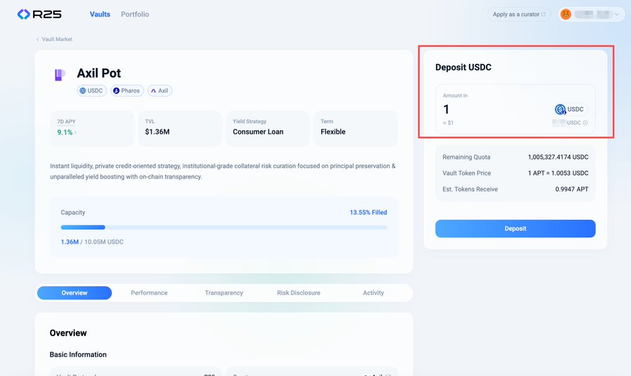 The R25 Vaults interface showing the "Axil Pot" vault with 9.1% 7D APY, $1.36M TVI, Consumer Loan yield strategy, and a highlighted "Deposit USDC" panel showing 1 USDC amount and a Deposit button.