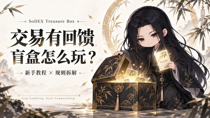 A Chinese promotional banner for 'SoDEX Treasure Box' featuring an anime-style illustration of a girl in black robes holding a 'Wealth' scroll next to an ornate treasure chest, with text promoting blind box trading rewards and the tagline 'Stop Gambling, Start Compounding.'