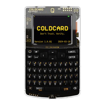 A black and gold COLDCARD Mk4 hardware wallet displaying the text 'COLDCARD - Don't Trust. Verify. - Version 1.0.00 - 2024-03-10' on its screen, featuring a full QWERTY keyboard.