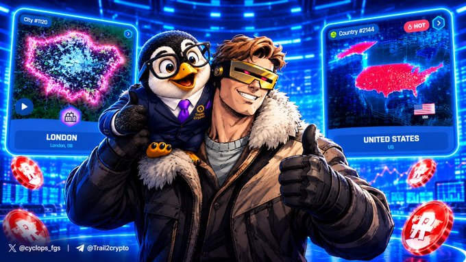 A colorful digital illustration of a man wearing yellow sunglasses and a fur-lined coat giving a thumbs-up while holding a penguin in a suit, with London (#1100) and Country #2144 (United States) game cards displayed and Bitcoin-themed coins floating in the scene.