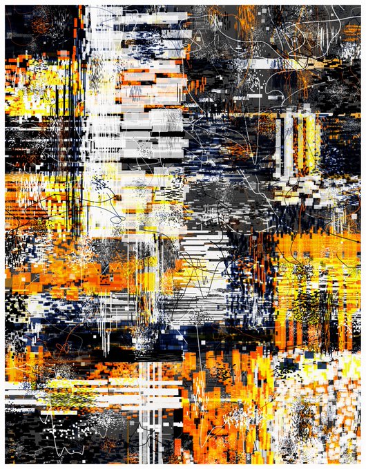 An abstract digital artwork composed of glitchy, pixelated blocks and chaotic lines in shades of orange, yellow, white, and dark blue.