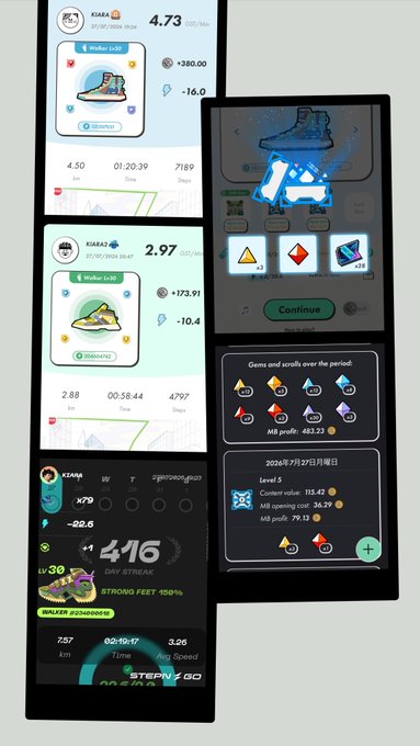 A collection of screenshots from the Stepn move-to-earn app showing sneaker stats, NFT sneaker icons, gems, and level 3 progress with 155.42 earned coins.