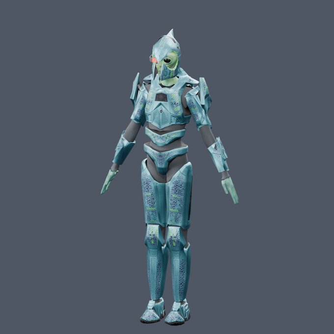 A 3D render of a female character wearing blue-green futuristic armor with a helmet, displayed against a gray background.