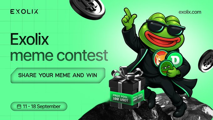 An advertisement for the 'Exolix meme contest' running from 11-18 September, featuring a green Pepe-style frog mascot in sunglasses with a prize pool of 100 USDT and a meme pool of 100 USDT.