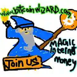 A crude drawing of a wizard in a blue robe and hat holding a staff with the text 'www.bitcoinWIZARD.com', 'Join us!', and 'MAGIC INTERNET MONEY'.