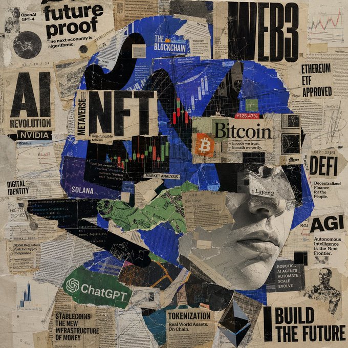 A collage-style artwork featuring a fragmented face with words like 'NFTs,' 'WEB3,' 'AI REVOLUTION,' 'BITCOIN,' 'ETHEREUM ETF APPROVED,' 'SOLANA,' 'ChatGPT,' 'DEFI,' and 'BUILD THE FUTURE' layered over newspaper clippings and market charts.