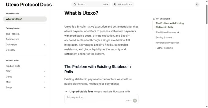 The image shows a screenshot of a computer screen with some text, including the title "Utexo Protocol Docs" at the top. The main part of the screenshot displays information about Utexo, a document or piece of software related to cryptocurrency and payment processing systems. It also includes details about the Bitcoin protocol, an open-source software used for creating digital currency. A search box is present on the screen, suggesting that users can look up specific topics within the documents or even enter a question they are curious about. There's a brief description of what's available in the document and some additional information about the document titled "What is Utexo?".