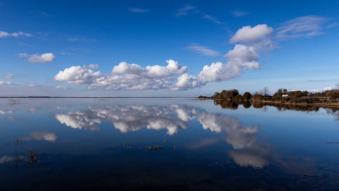 A serene landscape showing a calm body of water perfectly reflecting a bright blue sky filled with scattered white clouds, with trees lining the distant shore.