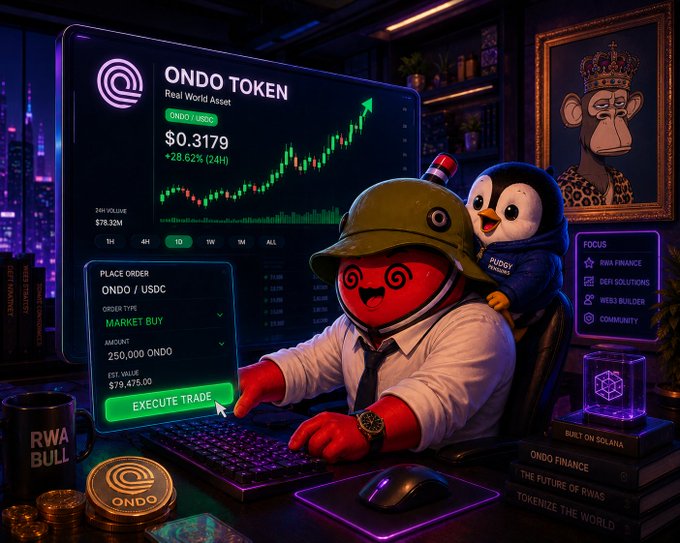 A digital artwork of a red mascot character wearing a helmet, sitting at a computer executing an ONDO Token trade at $0.3179 (+28.62%), with a penguin companion and a framed Bored Ape image in the background.