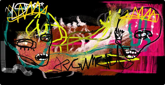 An abstract digital artwork with neon pink, yellow, and teal graffiti-style scribbles depicting two stylized faces on a black background.
