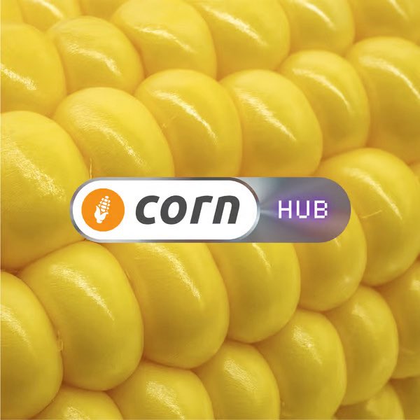 Logo for 'corn HUB' featuring an orange corn cob icon on a white pill-shaped button, set against a background of yellow corn kernels.