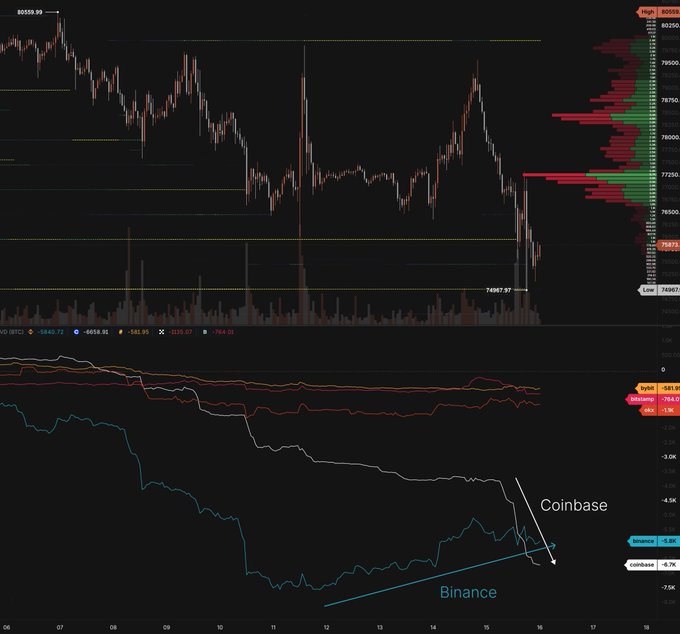A Bitcoin candlestick chart (around $75,000) showing price action from June 6–16, with a lower panel comparing Coinbase (declining -0.76%) versus Binance (rising +0.68%) cumulative flows, visually supporting the post's claim of US selling on Coinbase while offshore accumulation continues on Binance.