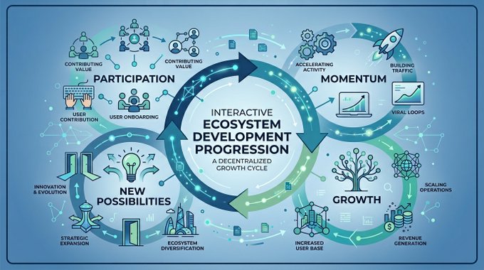 The image features a blue diagram showing various interconnected circles within three loops, all connected by lines. The central focus of these circles is ecosystem development progress, with the innermost circle labeled "I think the future becomes more interesting when ecosystems become more interactive." This statement seems to be an opinion shared by someone on social media.

The post suggests that if ecosystems were more interactive and developed in a sustainable manner, they could drive innovation, create momentum for growth, and open up new possibilities. The image also includes icons representing different ideas related to ecosystem development progress, such as the phrase "growth cycle."