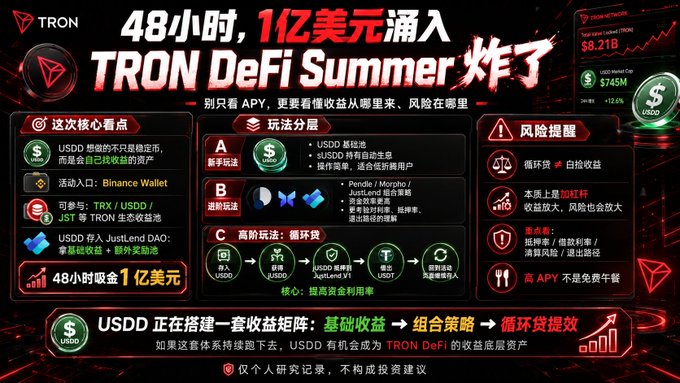 A Chinese-language infographic about TRON DeFi Summer titled '48小时, 1亿美元涌入 TRON DeFi Summer 炸了', highlighting USDD stablecoin strategies and risks.