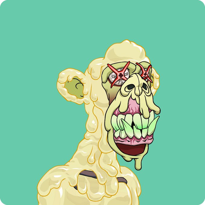 A cartoon illustration of a grotesque, melting yellow creature with red X-shaped eyes and exposed gums, set against a solid green background.