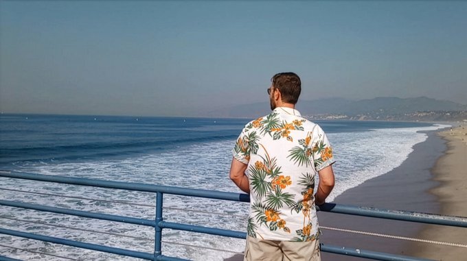 A man wearing a floral Hawaiian shirt and sunglasses standing on a balcony with blue railings, looking out at an ocean beach and coastline under a hazy sky.