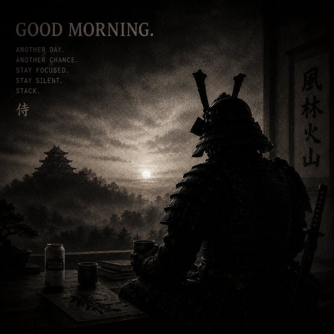 A dark, atmospheric digital artwork of a samurai in armor viewed from behind, looking out at a castle on a moonlit hill, with the text 'GOOD MORNING. ANOTHER DAY. ANOTHER CHANCE. STAY FOCUSED. STAY SILENT. STACK. 待' and Japanese characters on the side.