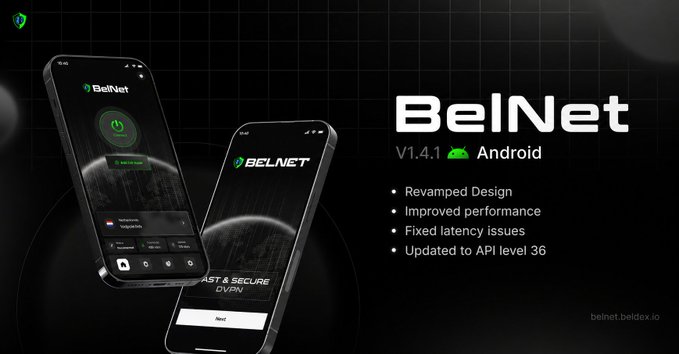A promotional graphic for "BelNet" version 1.4.1 on Android showcases two smartphones displaying the app interface, listing features such as "Revamped Design," "Improved performance," "Fixed latency issues," and "Updated to API level 36," with the website "belnet.beldex.io" at the bottom.