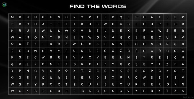 A word search puzzle titled 'FIND THE WORDS' displaying a grid of letters where words like 'SECURE', 'BROWSER', and 'CHAT' can be found hidden among the characters.