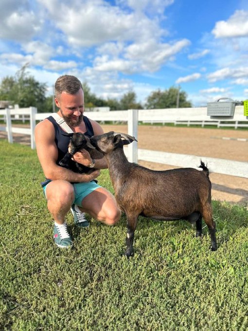 A bearded man in a tank top and teal shorts kneels on grass while holding a small baby goat as an adult brown goat nuzzles the baby, with a white fence and blue sky in the background.